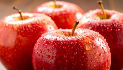 Close-up view of juicy, fresh red apples covered in water droplets, highlighting their vibrant color and glistening texture.