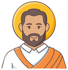 Cartoon illustration of a smiling bearded man with a halo and draped clothing