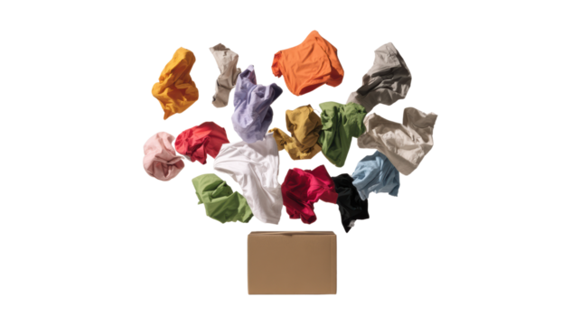 Colorful clothing items floating above a cardboard box, isolated on a white background.