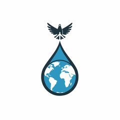 Fototapeta premium A graphic illustration depicts a hopeful peace dove ascending from a teardrop shape containing a globe, symbolizing global unity and the end of conflict on a clean white background.