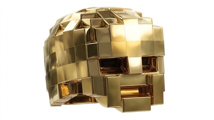 A gold, pixelated skull sculpture, rendered in a three-dimensional, cubic style; facets reflect light, creating a shiny, metallic sheen; it's isolated on a white iece