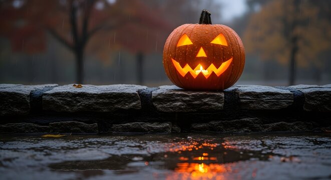 Glowing Jack-o'-lantern on a Wet Stone Wall During a Rainy Autumn Day - Powered by Adobe
