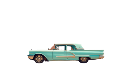 A side view of a vintage turquoise car with white roof and gold accents on a black background
