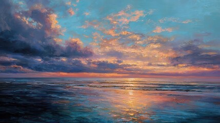 Serene Sunset Seascape Ocean Painting of Vibrant Colors