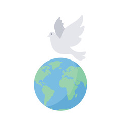 Naklejka premium A minimalist 2D flat vector illustration depicts a graceful peace dove soaring high above a stylized globe, beautifully isolated on a clean white background, symbolizing global unity and hope.