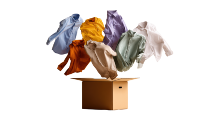 Colorful shirts flying out of a cardboard box in a dynamic display, isolated on a white background.