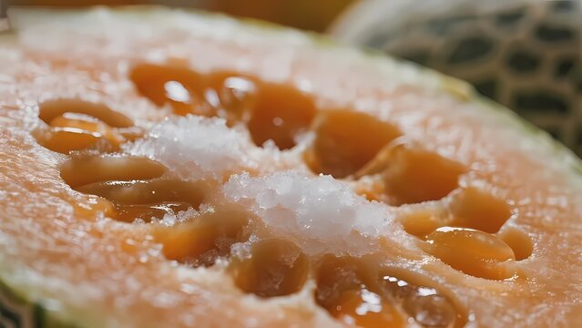 Close-up of a halved melon with visible seeds and juicy flesh
