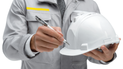 Construction worker holding a white hard hat and pen, studio shot on white isolate background.