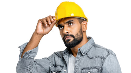 Construction worker wearing yellow hard hat, looking thoughtfully on white isolated background.