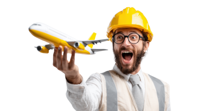 Excited businessman in hard hat holds a toy airplane, symbolizing passion for aviation and construction.