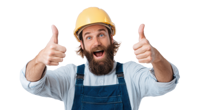 Happy construction worker with yellow helmet giving thumbs up, isolated on white background.