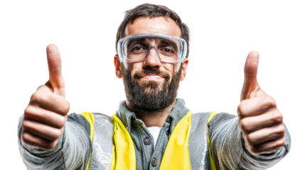Man in safety gear giving thumbs up on white isolated background.
