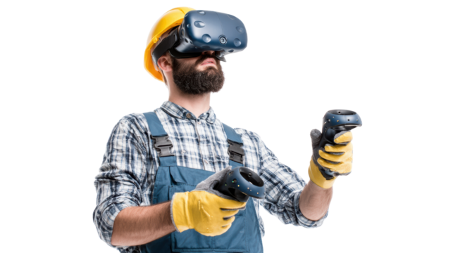 Man wearing virtual reality headset and gloves, engaged in immersive technology experience.