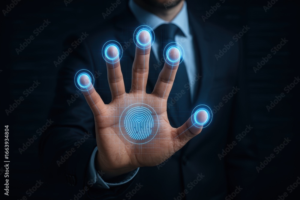 Poster biometric security: a man's hand with glowing fingertips interacts with a digital interface, symboli