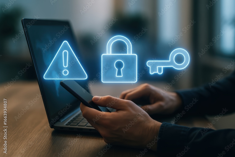 Poster data protection: a conceptual image of a person working with a laptop and smartphone, underscored by