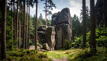Large, dark, sculpted rocks stand imposingly amidst a dense forest, bathed in natural light.