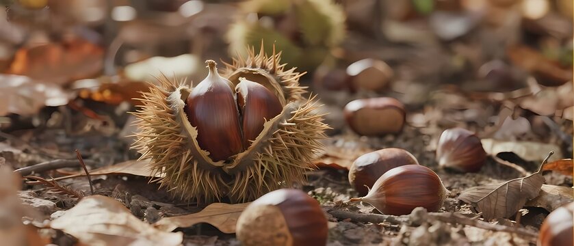 Chestnut burr open on forest floor, surrounded by fallen leaves and chestnuts