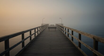 A serene morning landscape with a wooden pier and footbridge stretching over the calm sea