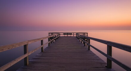 Fototapeta premium A tranquil wooden pier stretches out over the calm sea, a serene bridge between the shore and the fiery sunset sky