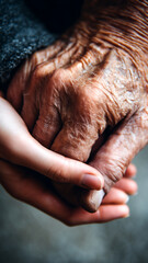 Fototapeta premium Young Person Gently Holding the Wrinkled Hands of an Elderly Person
