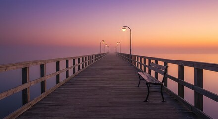 A tranquil wooden pier stretches out over the calm water, capturing the breathtaking sunset sky and its reflection