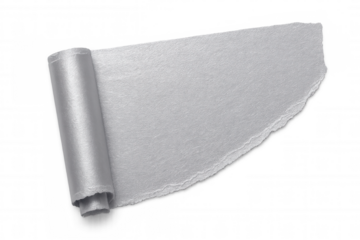 Silver paper curling, edges torn, revealing transparent surface with clean, modern aesthetic