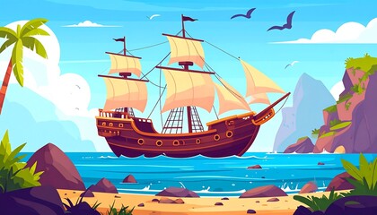 A large sailing vessel, detailed with sails and hull, approaches a tropical island shoreline, bathed in bright sunshine.