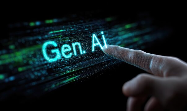 Close-up of a fingertip hovering over a glowing "Gen. AI" text overlayed with digital code - Powered by Adobe