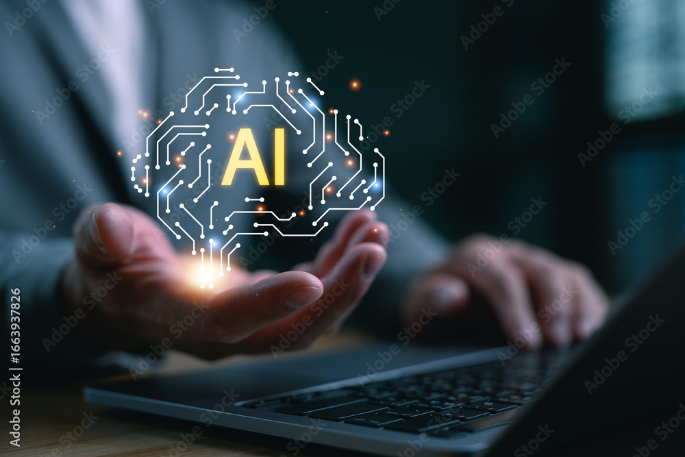 Aufkleber artificial intelligence (ai) technology concept with digital brain hologram above hand. futuristic i