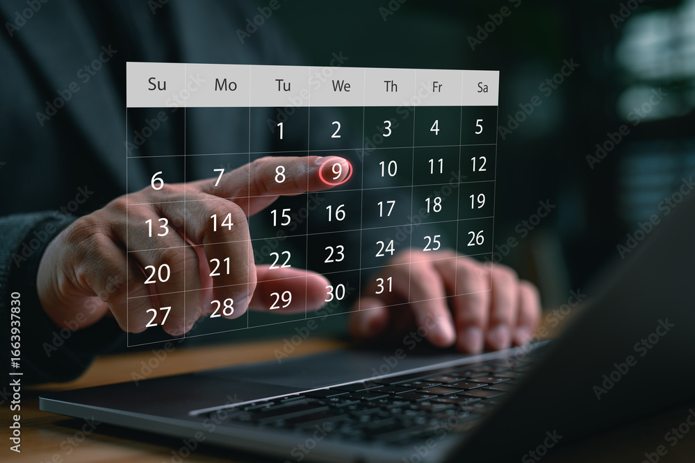 Poster businessman selecting a date on virtual calendar interface using laptop. concept for online scheduli