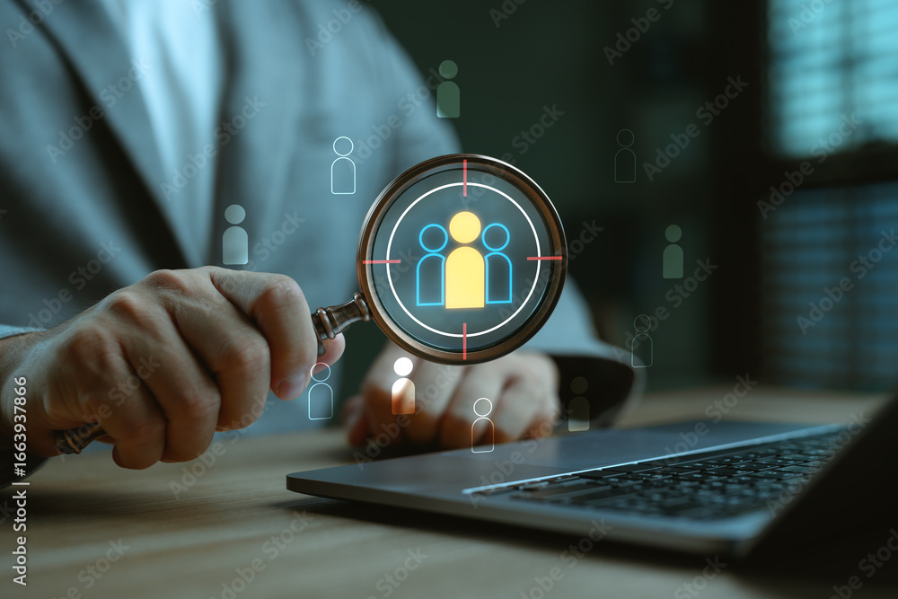 Poster businessman analyzing target audience with magnifying glass and digital interface. concept for custo