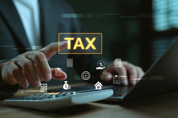 Businessman using digital tax filing system with virtual interface. Online income tax return,...