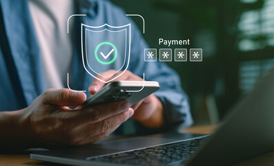 Secure mobile payment authentication with password protection and digital shield icon on smartphone. Online banking and e-commerce safety technology concept for cybersecurity and finance.