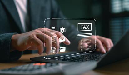 Businessman managing digital tax documents and e-filing through virtual interface. Concept for online tax return, accounting software, document management and electronic tax compliance.