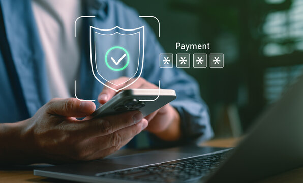 Secure mobile payment authentication with password protection and digital shield icon on smartphone. Online banking and e-commerce safety technology concept for cybersecurity and finance.