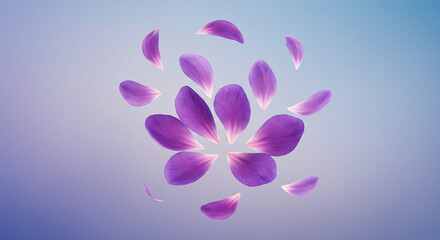 Fototapeta premium Floating purple flower petals arranged in a circular pattern on a gradient blue background