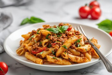 Close-up of penne pasta with ground meat and tomato sauce on a white plate. Fresh basil leaves garnish the dish, alongside cherry tomatoes. A silver fork rests on top