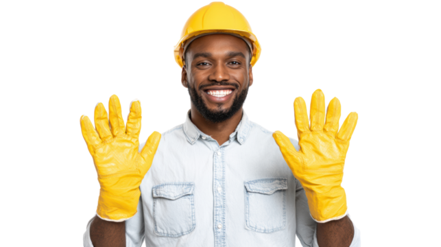 A cheerful construction worker in a yellow hard hat and gloves, showcasing safety and positivity.