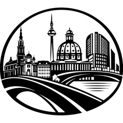 Monochrome cityscape silhouette featuring various buildings and structures within a circle design