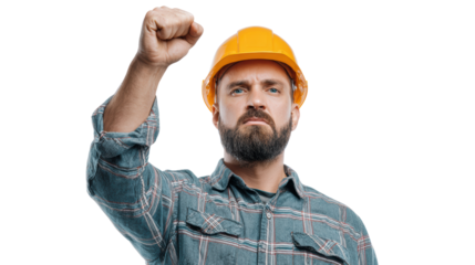 A determined man in a yellow hard hat raises his fist, symbolizing strength and commitment to his work.