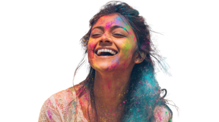 A joyful woman covered in colorful powder, celebrating with laughter against a white background.