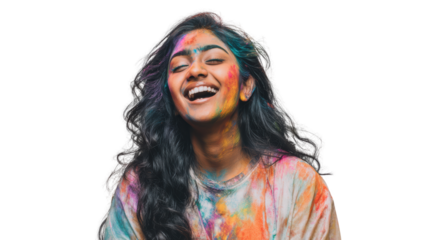 A joyful young woman with colorful powder on her face and clothes, isolated on white background.