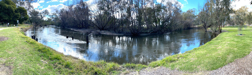 Panorama view of the Kiewa River is a perennial river flows generally north northwest, joined by eleven minor tributaries, towards its confluence with the Murray River, southeast of Albury NSW.