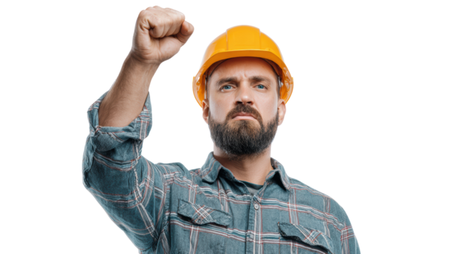 A determined man in a yellow hard hat raises his fist, symbolizing strength and commitment to his work.