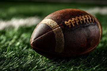 Obraz premium A brown leather american football on a green playing field