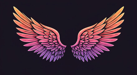 Illustration of two symmetrical wings with a gradient from orange to purple on a dark background