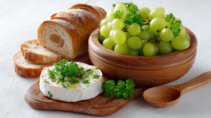 Rustic Picnic Setup with Green Grapes in a Wooden Bowl on Transparent Background