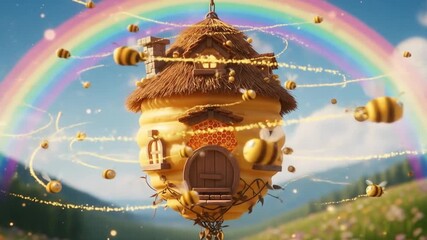 Fantasy cartoon beehive shaped house with rainbow and bees in 3D animation.