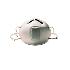 Close-up view of a white disposable particle respirator mask with elastic straps on a white background