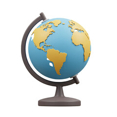 A detailed rendering of a three-dimensional globe, showcasing continents in a contrasting color against the ocean, mounted on a stand, isolated on black.